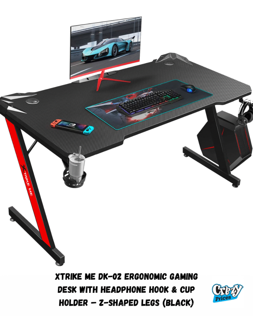 XTRIKE ME DK-02 Ergonomic Gaming Desk with Headphone Hook Cup Holder – Z-Shaped Legs (Black) 1 gaming-desk-black