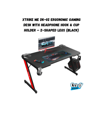 XTRIKE ME DK-02 Ergonomic Gaming Desk with Headphone Hook  Cup Holder – Z-Shaped Legs (Black) - Image 1
