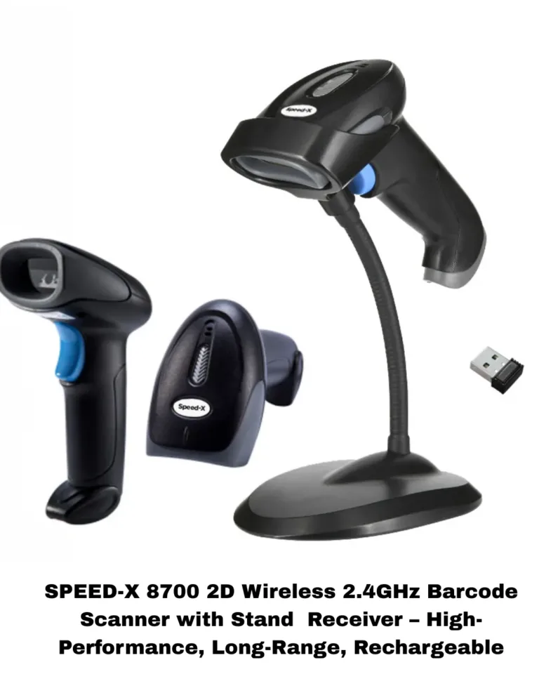 SPEED-X- 8700- 2D -WIRELESS- 2.4GHZ -BARCODE- SCANNER -WITH -STAND- AND- RECEIVER-
