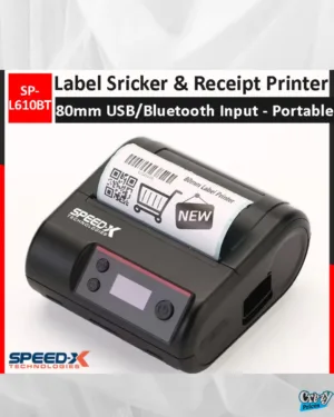 SPEED-X- SP-L610BT- Portable- Thermal- Printer- 80mm- (Label & Receipt 2-in-1) – USB + Bluetooth- | 203- DPI | 2500mAh- Battery