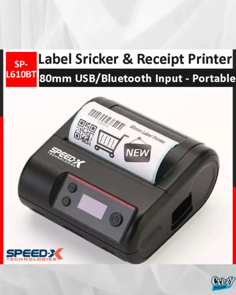 SPEED-X- SP-L610BT- Portable- Thermal- Printer- 80mm- (Label & Receipt 2-in-1) – USB + Bluetooth- | 203- DPI | 2500mAh- Battery