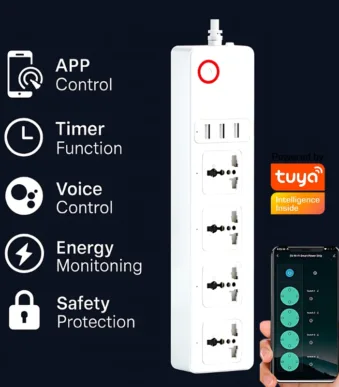 Buy WiFi Smart Power Strip in Pakistan with 4 outlets and 3 USB ports. Control appliances through Tuya app, monitor power, and schedule timing easily